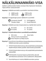 Vastauskupongin täytti 29 henkeä.  Kuvan kysymysarkkiin on ympyröity oikeat vastaukset.

Viittä oikein ei ollut yhdessäkään vastauskupongissa.  Kahdessa kupongissa oli neljä oikein, neljässä kolme oikein, yhdeksässä kaksi oikein, kahdeksassa  yksi oikein ja kuudessa kaikki väärin. 

Kysymyksittäin oikeat vastaukset jakaantuivat seurravasti:

Ensimmäiseen kysymykseen tuli viisi  oikeaa vastausta, toiseen kysymykseen yhdeksän oikeaa vastausta, kolmanteen kysymykseen kuusitoista oikeaa vastausta, neljänteen kysymykseen kolmetoista oikeaa vastausta ja viidenteen kysymykseen kolme oikeaa vastausta.
